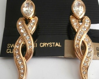 Swarovski Clip Earrings Gold Plated Set with Crystals New - Swan Logo (D)