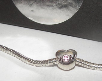 925 sterling silver, mom heart charm with gems , European charms, european charm, European bead, fits snake chain bracelet