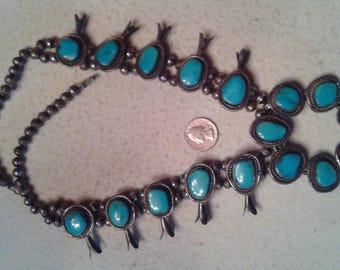 Vintage Navajo Native American Indian Squash Blossom Necklace, Sterling Silver CANDELARIA Turquoise, 26", 174 grams, 3 1/4" x 3 1/4" Naja