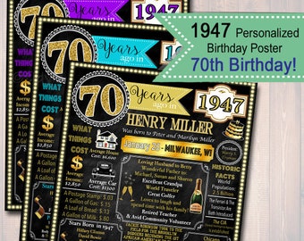 Customized 70th Birthday Chalkboard Poster, Cheers to 70 Years, 70th Birthday Art, 70th Party Decorations, 1947 Birthday Poster DIGITAL FILE