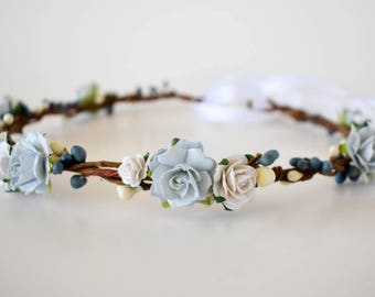 Blue flower crown. Light blue and white floral crown. Wedding crown in powder blue and white. Bridal headpiece. Bridesmaids. Flowergirls.