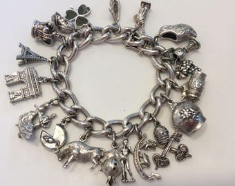 Vintage Sterling and 800 silver large European travel charm bracelet