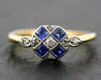 Art Deco Sapphire Ring - Antique Sapphire & Diamond Ring - Art Deco Engagement Ring