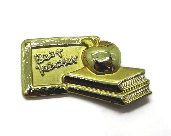 AJC Best Teacher Brooch, Gold Tone Plaque with Apple and Books Pin