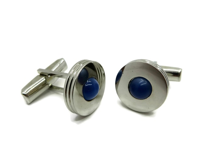 Vintage Pioneer Blue Tiger Eye Silver Tone Cufflinks, Men's Suit Accessory