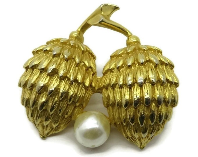 Hattie Carnegie Gold Tone Pine Cone Faux Pearl Brooch