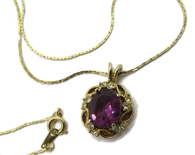 Amethyst Glass Gold Tone Pendant, Vintage Korean Necklace