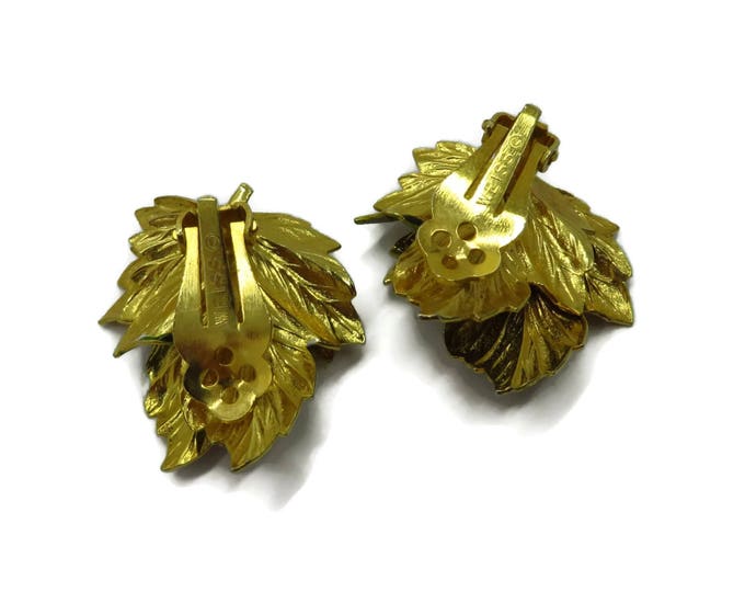 Weiss Leaf Earrings, Vintage Green Leaf, Signed Weiss Jewelry Gold Tone Clip-on Earrings