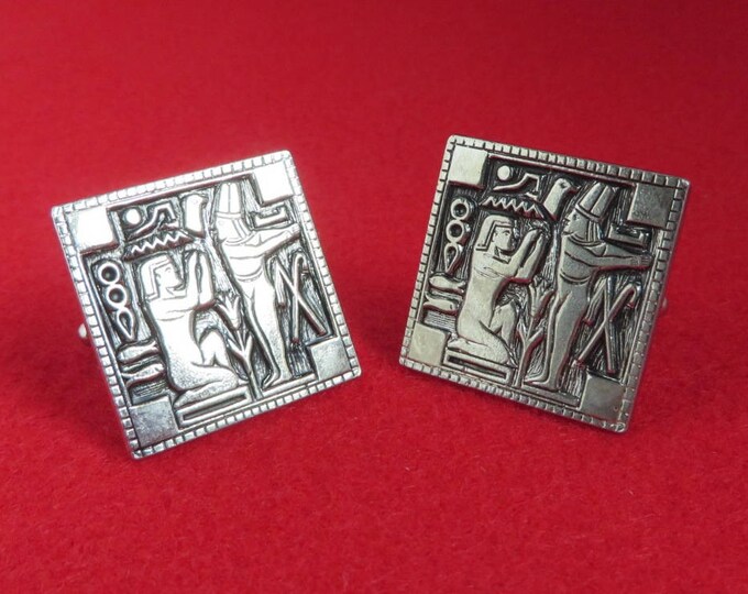 Silver Tone Etched Cufflinks Tie Tac Bar Set Vintage Egyptian Design Mens Gift Idea Fathers Day