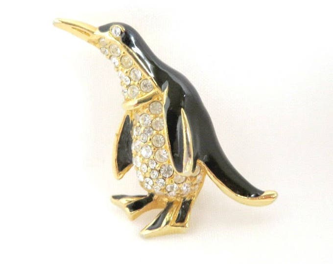 Rhinestone Penguin Brooch, Vintage Black Enamel Rhinestone Penguin Pin