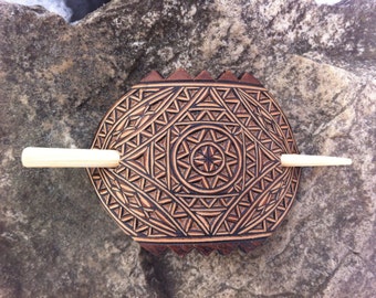 Geometrical hand carved leather hair barrette