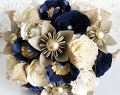 Paper wedding bouquet paper flowers bridal navy royal midnight blue gold cream ivory rustic romantic vintage nautical theme alternative