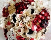 Paper Wedding bouquet flowers Las Vegas casino playing card theme red black hearts vintage brooch pins travel theme origami roses