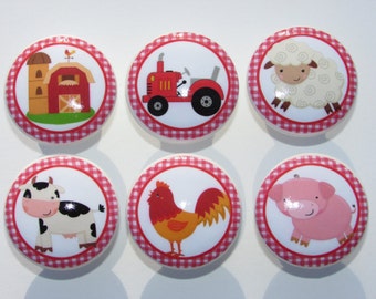 Farm Dresser Drawer Knobs Set of 6 Barn Tractor Pig Chicken Cow Sheep