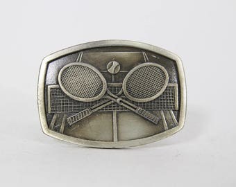 Vintage Pewter Tennis Rackets Belt Buckle, 1977 Indiana Metal Craft