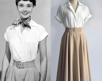 Audrey Hepburn Fashion/ Roman Holiday/ White Blouse/ Pleated Blouse/ Women Blouse/ 1950's/ Custom Made Top | Gift for woman