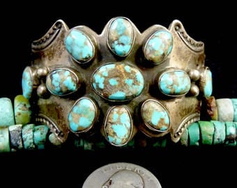 72g Vintage Navajo Sterling Silver Cuff Bracelet w Wonderful Royston Turquoise! Repousse Details and Tribal Stampings! Unique In Every Way!