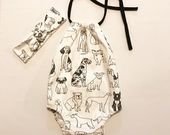 Sunsuit and top knot headband set/Baby sunsuit/headband/puppy romper/backless sunsuit/organic clothes