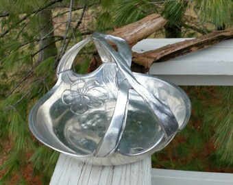 Pewter Basket with Etched Dogwood Blooms Made in Italy