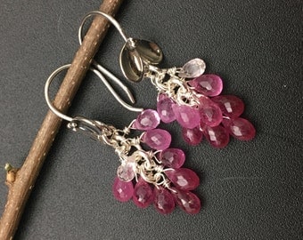 Pink Sapphire Briolette Earrings, Pink Sapphire Cluster Earrings, Genuine Sapphire Earrings, Earrings under 200
