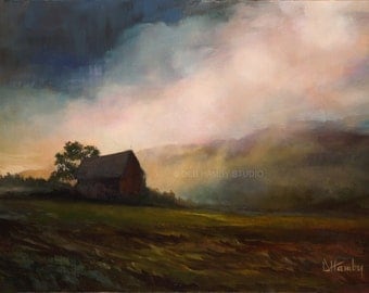 Landscape Art - Giclée Print of Original Oil Painting - Barn, Farm, Morning, Mantle Piece, For Home, For Him, For Her, Wall Decor