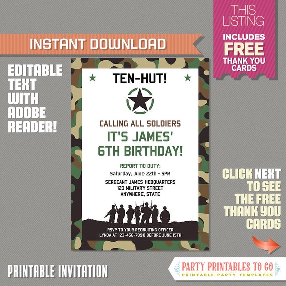 birthday letter party invite Camo Thank Card with Army Invitation FREE Birthday you Party