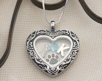 Dog Locket, Dog Heart Locket, Personalized Dog Necklace, Dog Heart Necklace, Dog Paw Necklace, Letter Birthstone, Dog Lover Gifts, Custom