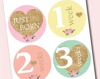 Printable monthly stickers, baby monthly stickers, DIY monthly stickers, Digital baby month stickers, Gold Glitter, Instant Download P100