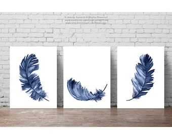 Baby Boy Nursery Wall Decor, Navy Feathers Art Print, Watercolor Blue Feather Clipart, Set 3 Kids Room Minimalist Modern Illustration