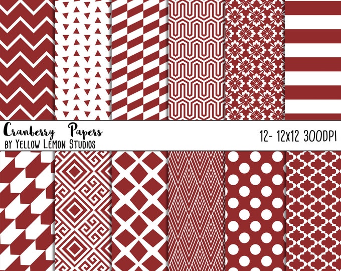 Fantastic red digital paper: "Cranberry Patterns" Stripes, red, polka dots, flowers, Greek, white, mosaic tile, dark red, matching paper