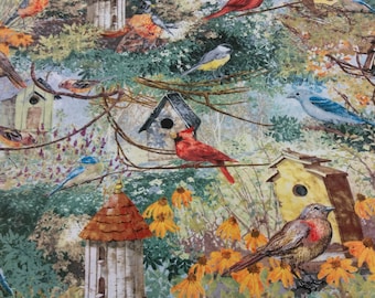 Backyard birds and bird houses fabric per half yard/ Novelty print bird fabric/ Bird lovers fabric
