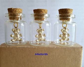Lot Of 3pcs Gold Color Teddy Bear Metal Charm In A Mini Glass Bottle With Cork. #CIB352XX.