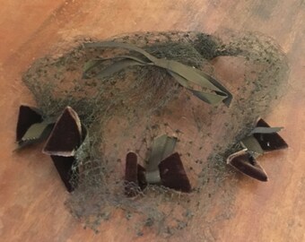 Vintage Brown Netted Chapel Veil with Velvet Bows