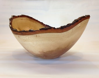 Natural Edge Pecan Wood Bowl Large Hand Turned Rustic Bark Live Edge