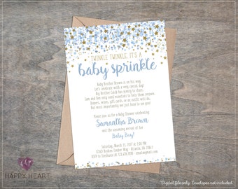 Blue Gold Stars Boy Baby Twinkle Sprinkle Shower Invitation / Watercolor Glitter Star Circles Dots Textured / Whimsical Printable Invite