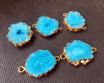Blue Geode Slice Druzy Crystal Gemstone with 24k Electroplated Gold Cap and Bail -- Double Bail Pendant Connector (D54S21-09)