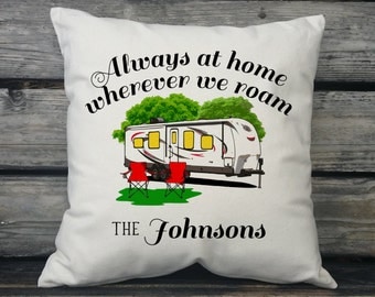 Always at Home Wherever We Roam Travel Trailer Decor, Personalized with Family Name, Personalized Gift, Canvas Pillow, Camper Gift SPS-210