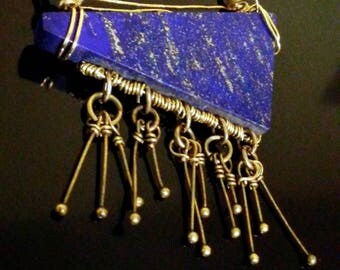 Perseid* lapis lazuli, gold brass, bronze, copper pendant necklace chain fringe