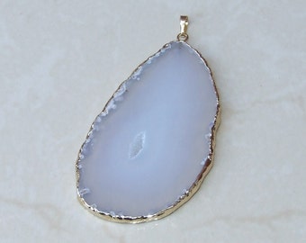 Agate Slice Pendant - Druzy Pendant - Natural Agate Slab Pendant - Geode Pendant - Gold Plated Edge and Bail - 46mm x 80mm - 1952
