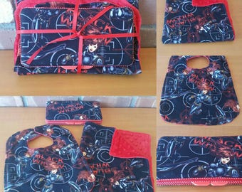 Black Widow Avengers Baby Gift Set Small Minky Cuddle Blanket, Wipe Case and Bib