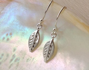 Sterling Silver leaf earrings, dainty leaf earrings, tiny silver earrings, small leaf jewelry, petite earrings, 925 silver, gift under 20,