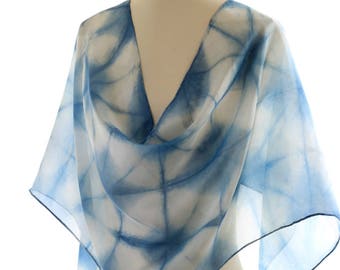 shibori silk scarf indigo itajime shibori shawl, organic indigo scarf eco dyed, printed blue white silk scarf, wedding shawl eco gift