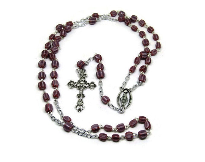 Catholic Rosary featuring Red Chevron Beads and Silver Crucifix and Center,