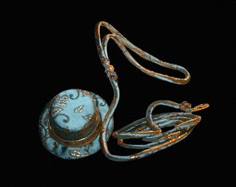 Bleu Ciel, Custom Brocade Dog Leash in Aqua Blue and Gold (Matches Top Hat), Crystals, Pearls, Brass Leash Hardware