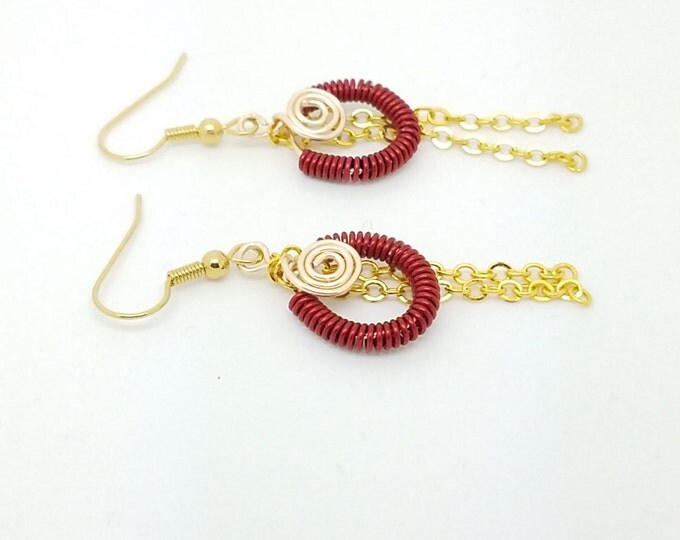 Wire coil red and yellow earrings, red gold earrings, wire coil jewelry, red earrings, wire coil earrings, wire wrapping earrings