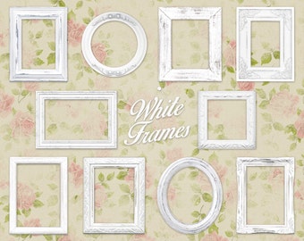 White Shabby Chic Picture Frame Clip Art Clipart: "White Frames" digital wood frames, ornate picture frames, distressed picture frame