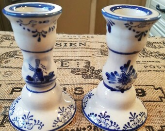 Vintage Dutch Holland windmill blue and white candlestick holders