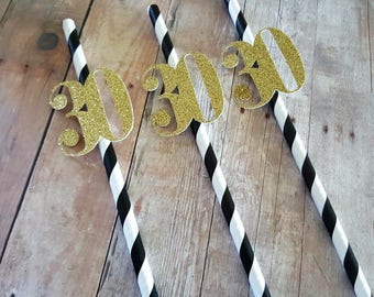 30th Birthday Decorations 30th Anniversary Decorations Thirty and Flirty 30 Straws Black and Gold 30th Birthday Black and Gold Straws