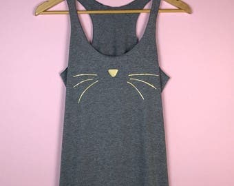 Cat Face Tank Top. Cat Shirt. Cat Lover Gift. Women's Tank Top. Cat Face Tank. Cat Lady Gift. Cat Shirt for Women. Gold Cat Face. Grey tank.