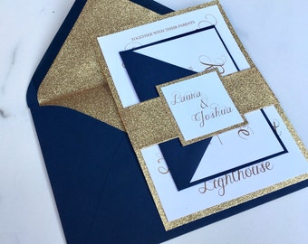 Gold Glitter Wedding Invitation - Navy & Gold Glitter Wedding Invites - Wedding Invitation Suite - Sample Set